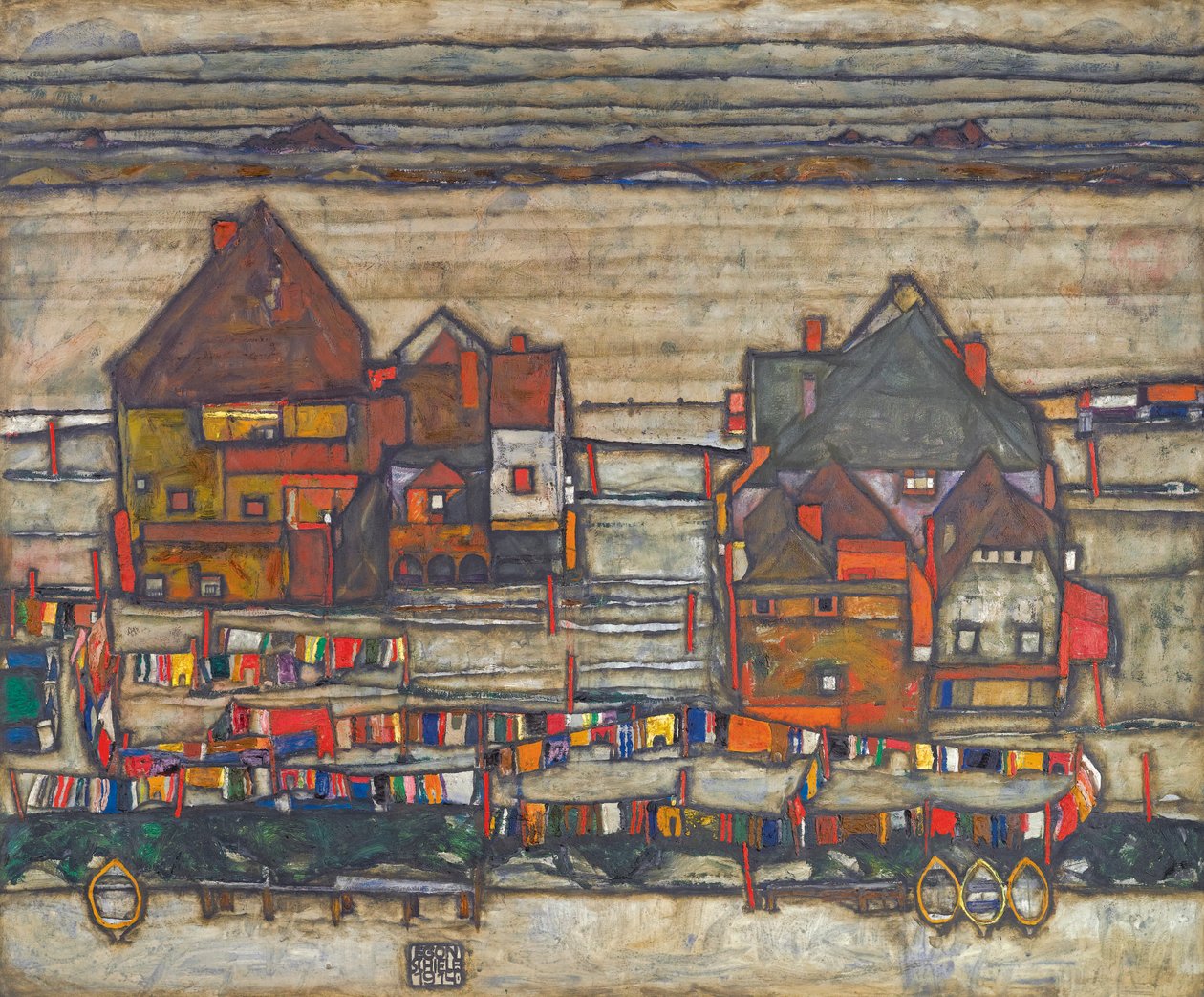 Häuser mit bunter Wäsche von Egon Schiele