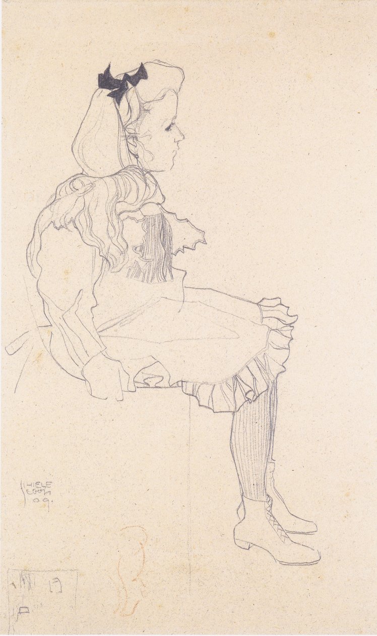 Sitzendes Mädchen mit Haarmasche von Egon Schiele
