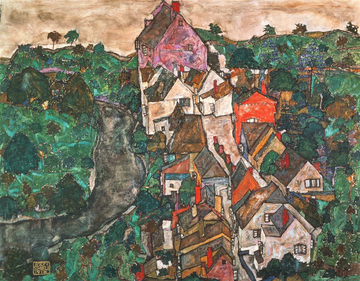 Landschaft bei Krumau von Egon Schiele