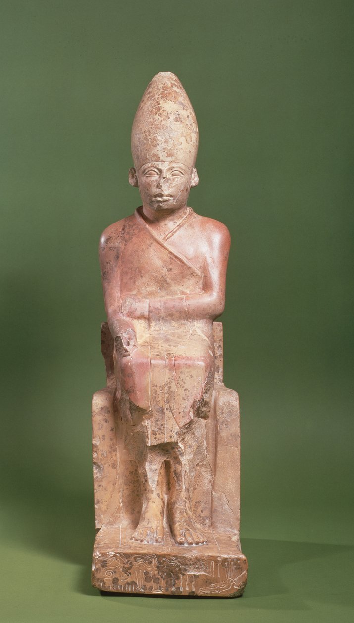Sitzende Statue des Pharaos Khasekhem mit eingravierten besiegten Feinden um die Basis, gefunden in Hierakonpolis, ca. 2700 v. Chr. von Egyptian 2nd Dynasty