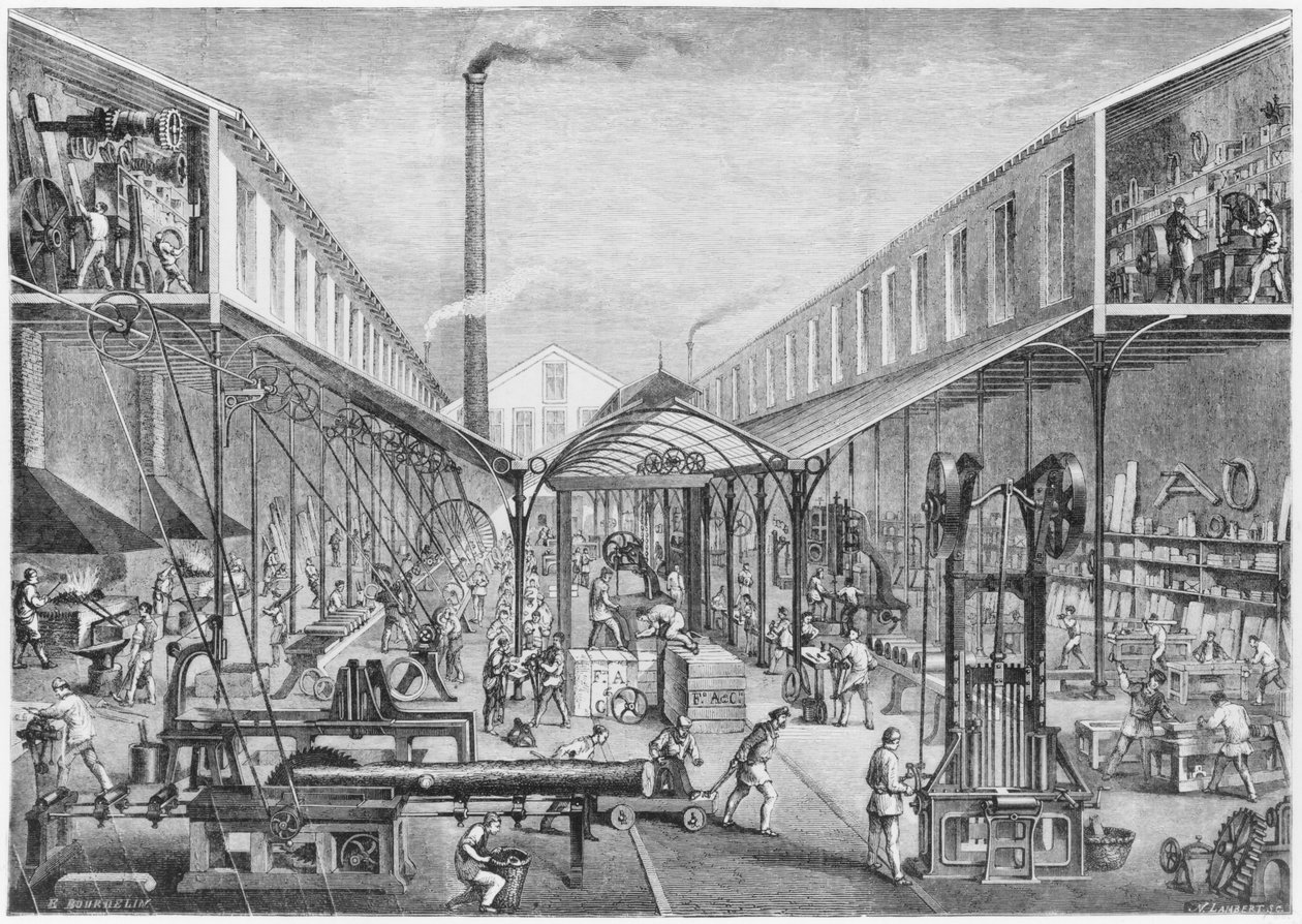 Große Industrien, Werkstätten für Konstruktion, Sägewerk und Maschinenwerkzeuge bei der Arbey Company von Emile Bourdelin