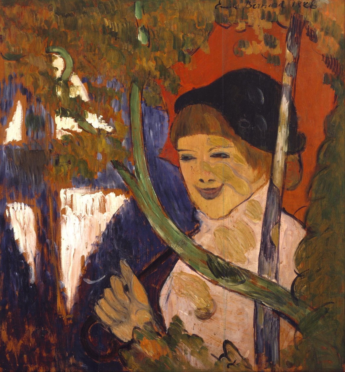 Bretonisches Mädchen mit rotem Regenschirm von Emile Bernard