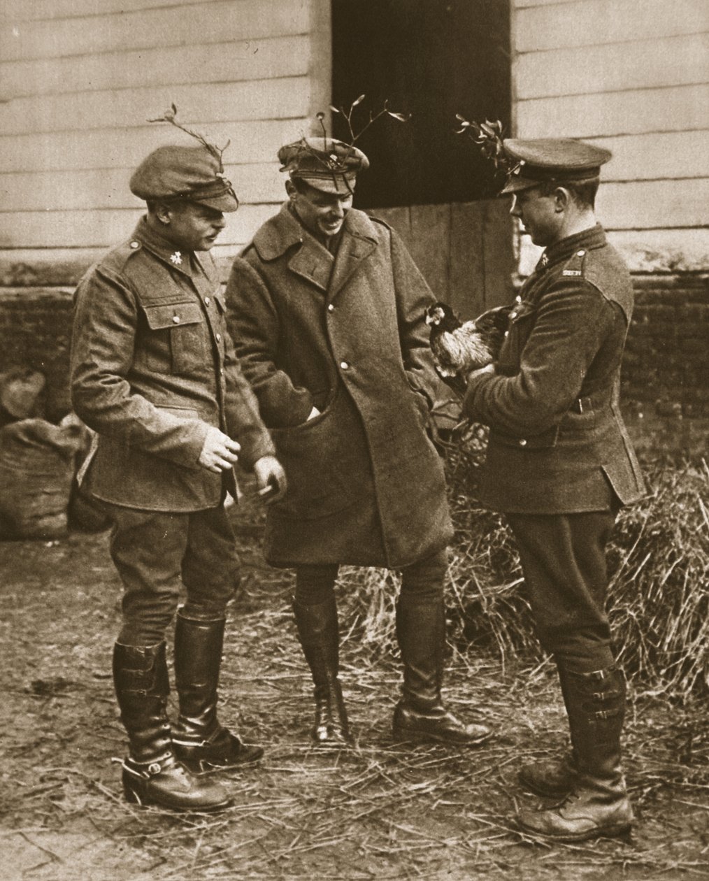 Eine typische britische Gruppe: Mistelzweig-tragende Soldaten und ein Huhn zu Weihnachten, Illustration aus The Illustrated War News von English Photographer