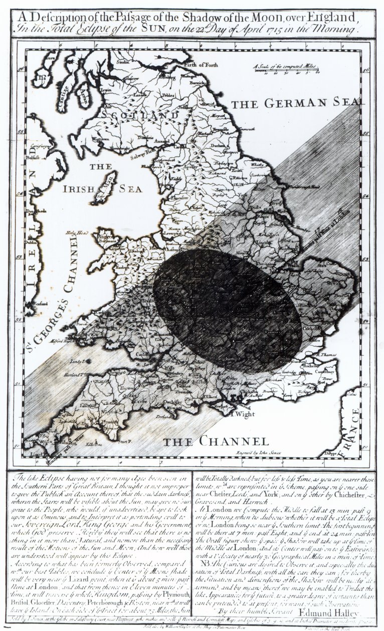 Eine Karte, die den Verlauf des Schattens des Mondes über England am 22. April 1715 zeigt, graviert von John Senex, 1715 von English School
