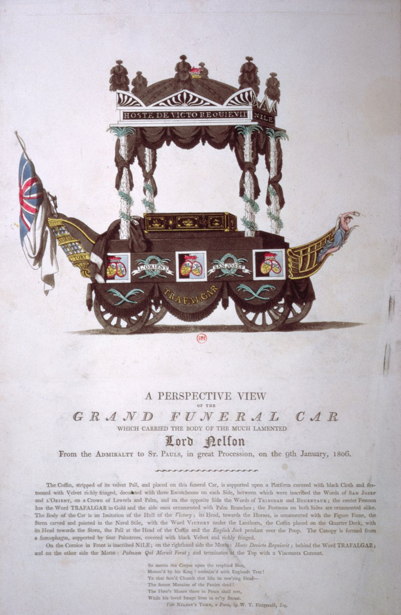 Eine perspektivische Ansicht des großen Leichenwagens, der den Körper von Lord Nelson vom Admiralty zum St. Pauls Cathedral am 9. Januar 1806 trug von English School