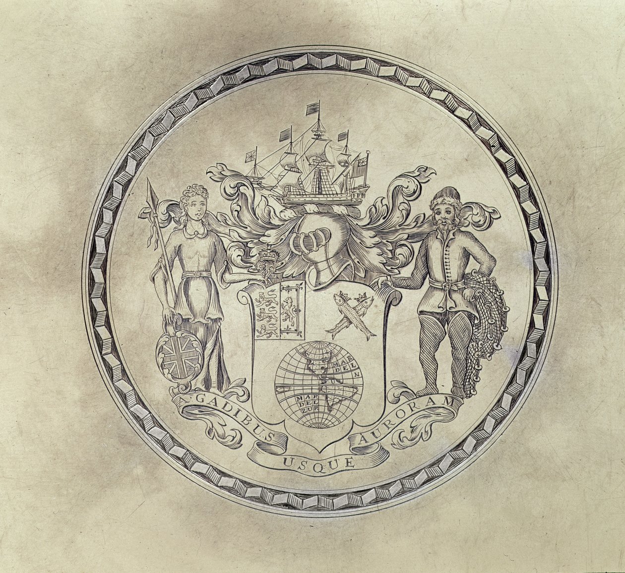 Wappen der South Sea Company, graviert auf einem Tablett, 1714 von English School