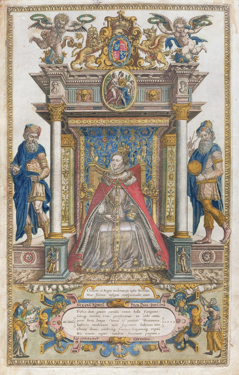 BT1.47.9 Die Widmung an Königin Elisabeth I. aus einem Buch mit Karten von England und Wales von Christopher Saxton, veröffentlicht 1579 von English School