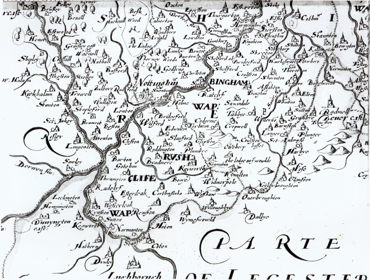 Detail einer Karte der Grafschaft Nottinghamshire mit der Stadt Nottingham, 1642 von English School