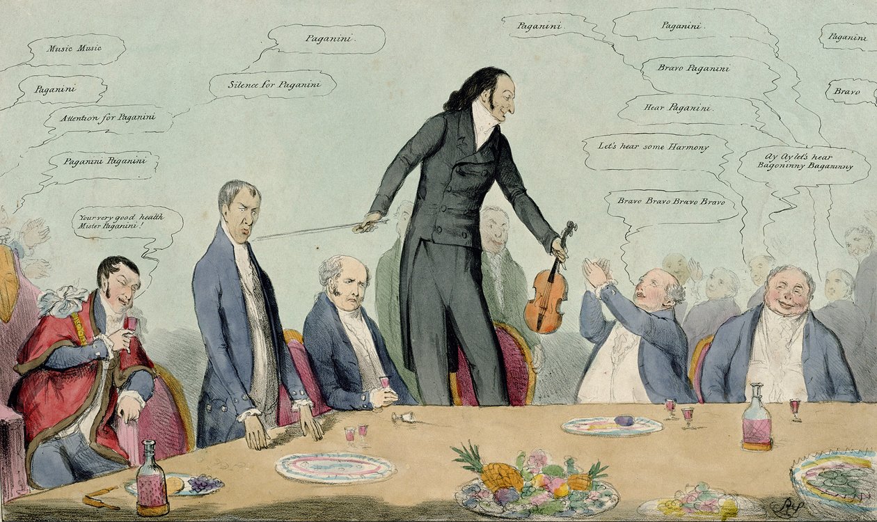 Fiedelbogen gegen Besenstiel, Karikatur von Niccolo Paganini, veröffentlicht von Thomas McLean, 1831 (kolorierte Radierung) von English School