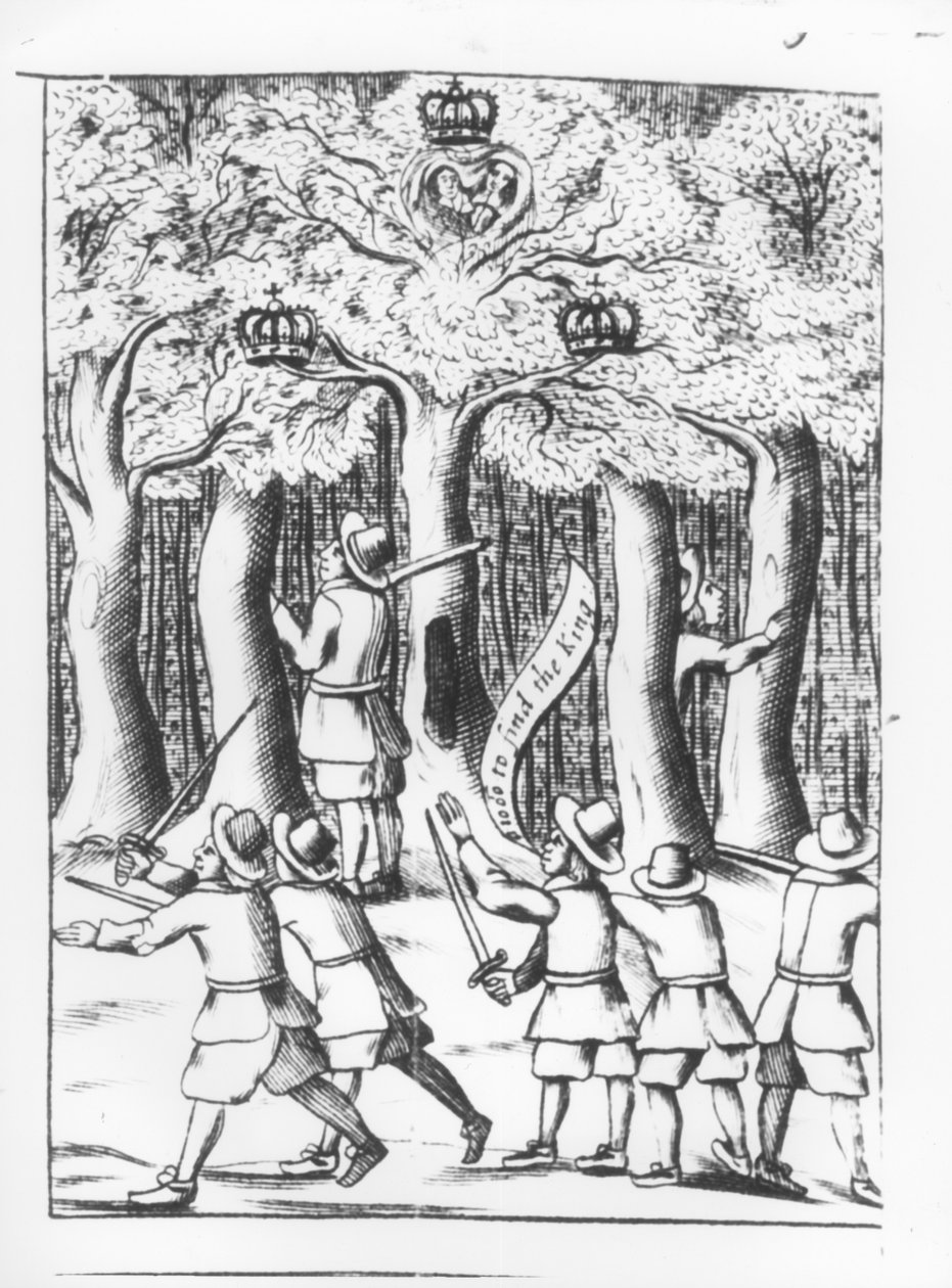 König Karl II. (1630-85) versteckt sich nach seiner Niederlage in der Schlacht von Worcester 1651 in einer Eiche in Boscobel, veröffentlicht 1660 von English School