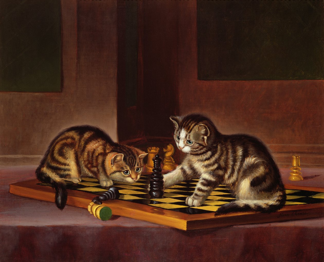 Kätzchen spielen Schach, ca. 1860 von English School