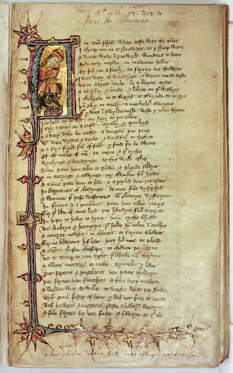 MS CCC 201 f.1 Textseite mit historisierter Initiale, die den Träumer darstellt, aus Piers Plowman von William Langland von English School