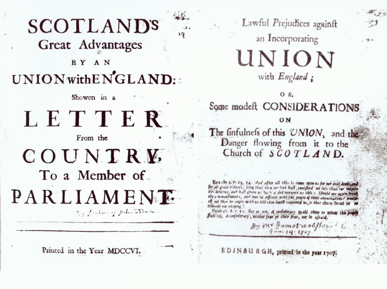 Pamphlete, die beide Seiten der anglo-schottischen Unionsdebatte zeigen, 1707 von English School