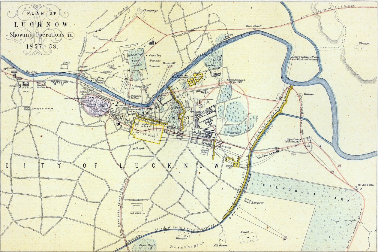 Plan von Lucknow mit Operationen 1857-58, veröffentlicht von William Mackenzie von English School