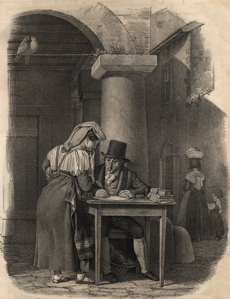 Öffentlicher Schreiber arbeitet auf einem Marktplatz von English School