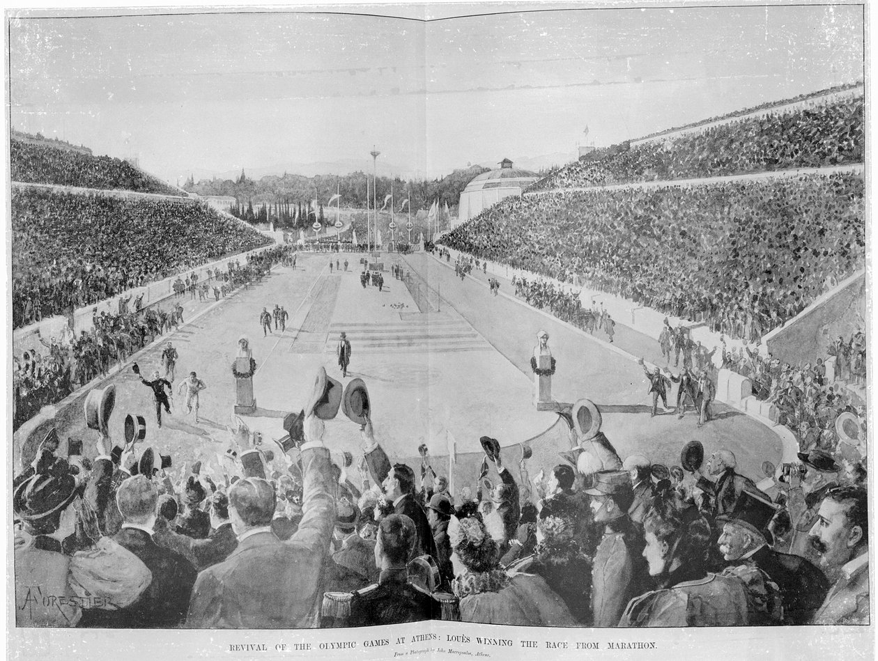 Wiederbelebung der Olympischen Spiele in Athen: Loues gewinnt das Rennen von Marathon, 10. April 1896 von English School