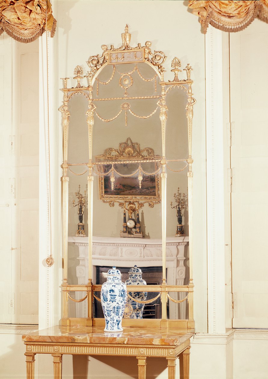 Beistelltisch und Spiegel, geschnitzt und vergoldet, entworfen von Robert Adam, 1777 von English School