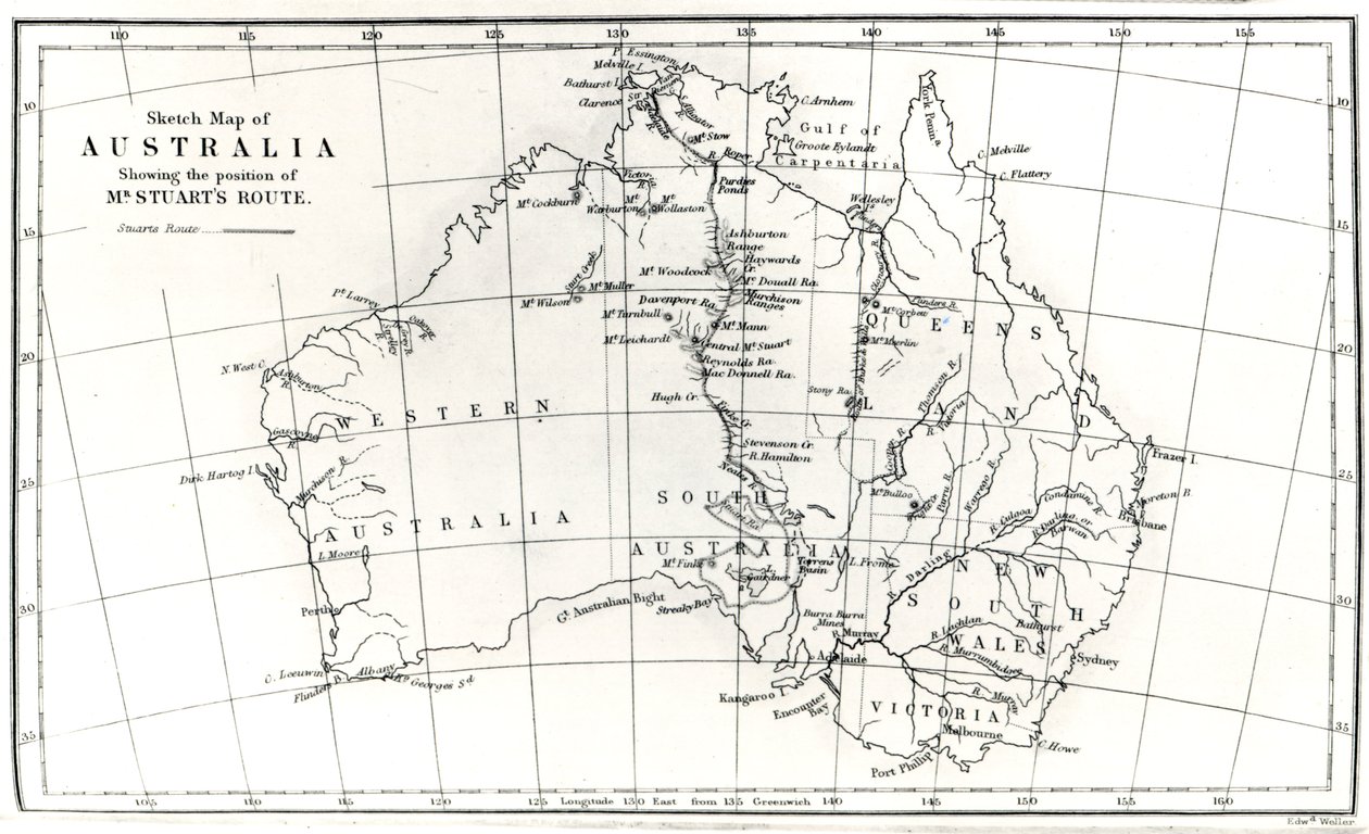 Skizzenkarte von Australien mit der Route von Mr. Stuart, 1864 von English School
