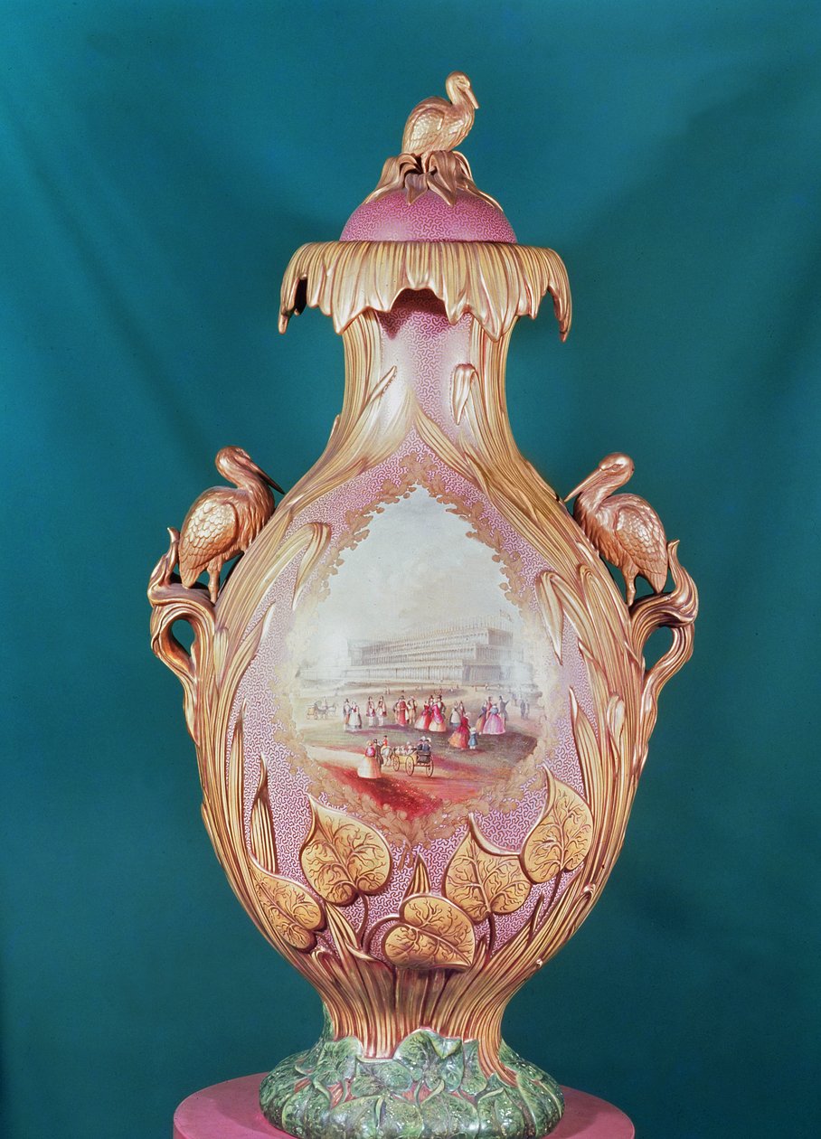 Steingutvergoldeter Vase, Darstellung von Königin Victoria bei der Weltausstellung, hergestellt von Charles Neigh und Söhne von English School