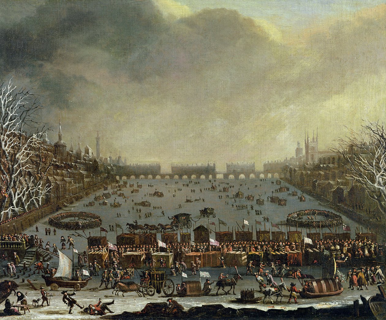 Der Frostjahrmarkt des Winters 1683-4 auf der Themse, mit der alten London Bridge im Hintergrund. ca. 1685 von English School