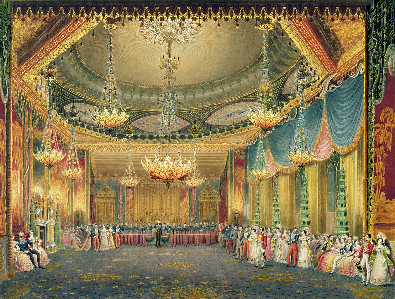 Der Musikraum, aus Ansichten des Royal Pavilion, Brighton von John Nash (1752-1835) 1826 von English School