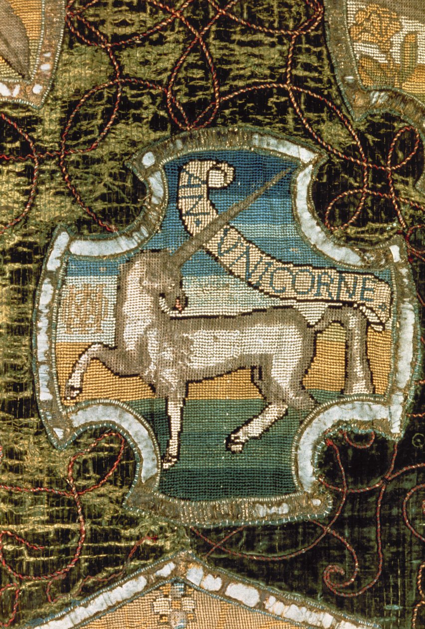 Einhorn, aus dem Oxburgh Hanging, hergestellt von Maria Stuart (1542-87) und Elizabeth Talbot (1520-1608), Gräfin von Shrewsbury, ca. 1570 von English School