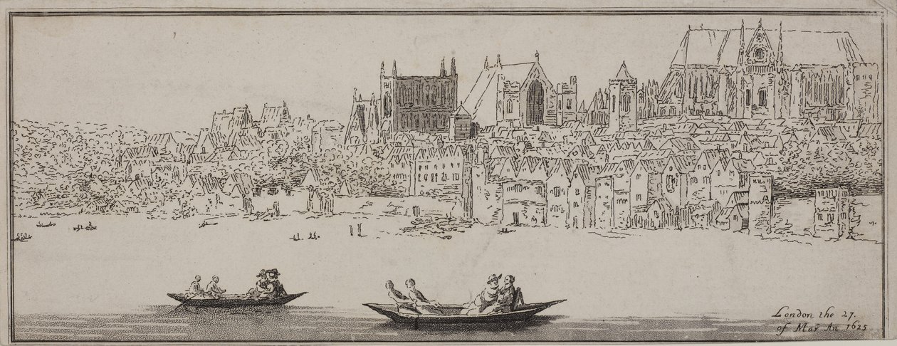Ansicht der Westminster Abbey und des Palace of Westminster von der Themse mit Booten im Vordergrund, ca. 1750 von English School