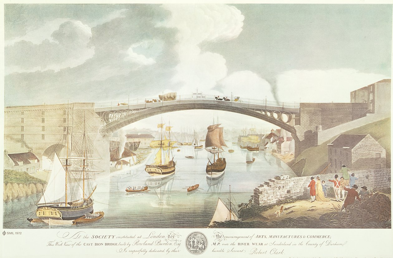 Westansicht der gusseisernen Brücke, gebaut von Rowland Burdon Esq., MP, über den Fluss Wear in Sunderland, ca. 1796 (handkolorierte Gravur) von English School