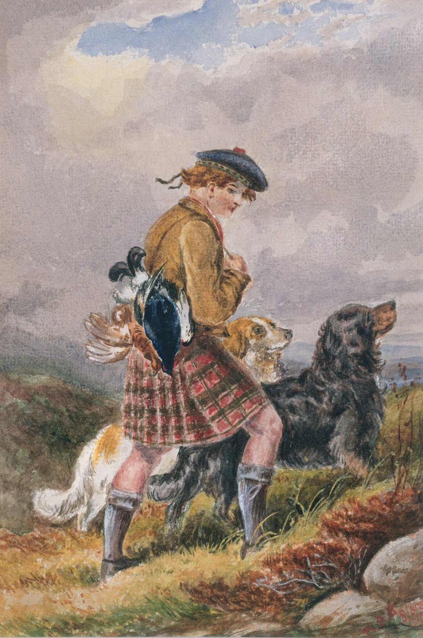 Junger schottischer Wildhüter mit erlegtem Wild, ca. 1865 von English School