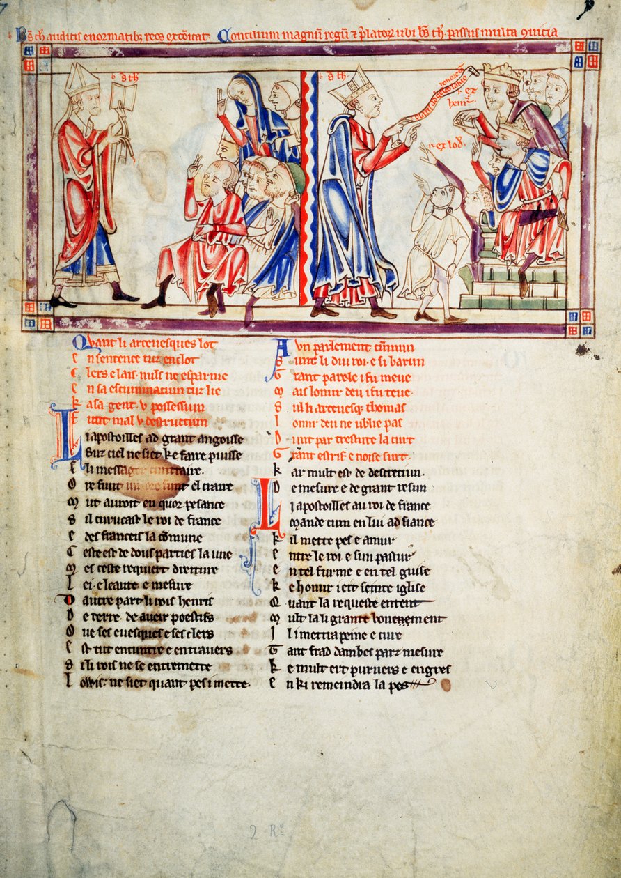 Thomas Becket verkündet das Urteil der Exkommunikation über seine Feinde und argumentiert vor König Heinrich II. von England und König Ludwig VII. von Frankreich, aus den Becket Leaves, ca. 1220-40 von English School