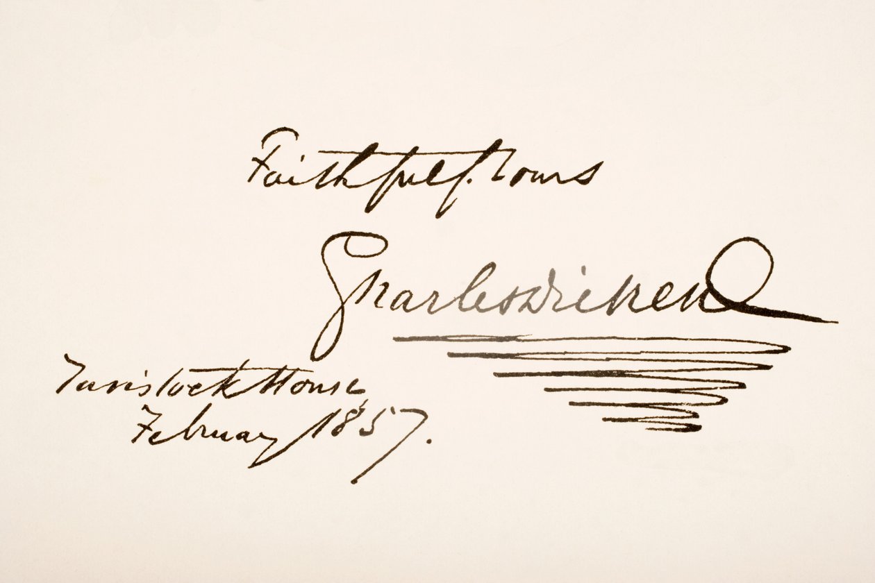 Handschrift und Unterschrift von Charles Dickens, 1857 von English School