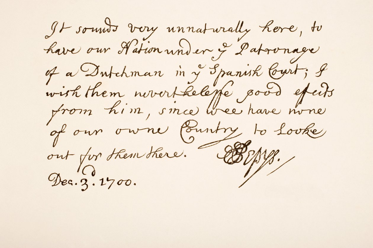 Handschrift und Unterschrift von Samuel Pepys, 1700 von English School