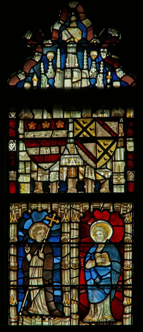 Fenster mit zwei Heiligen und heraldischen Schilden von English School