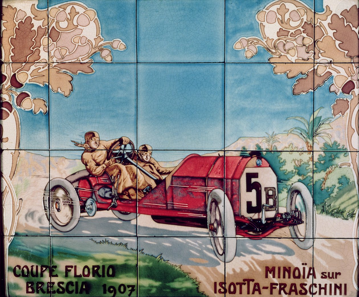 Minoia fährt ein Isotta Fraschini Auto im Florio Brescia Cup von 1907: Keramikfliesen hergestellt von Gilardoni Fils et Cie aus Paris, nach einer Zeichnung von Ernest Montaut (1877-1909), 1908-10 von Ernest Montaut