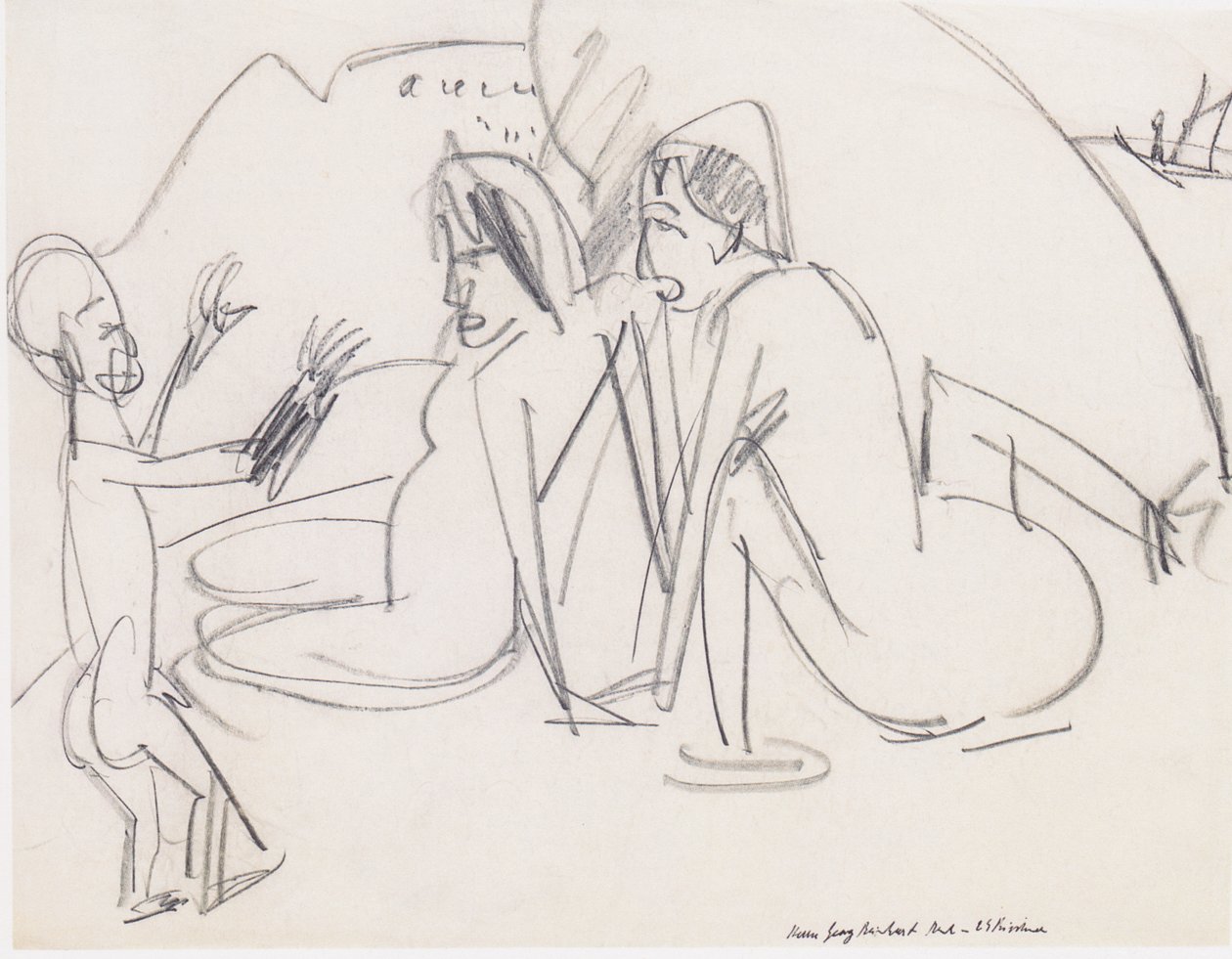 Zwei Frauen und Skulptur am Strand von Ernst Ludwig Kirchner