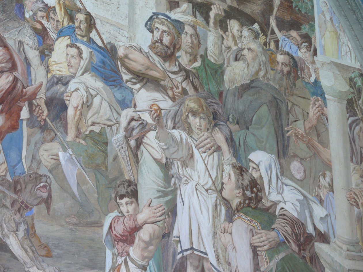 Fresko, das Wilhelm Tell und seinen Sohn darstellt von Ernst Stückelberg