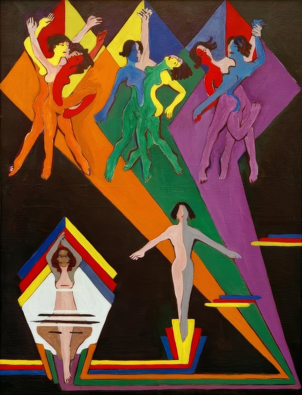 Tanzende Mädchen in farbigen Strahlen von Ernst Ludwig Kirchner