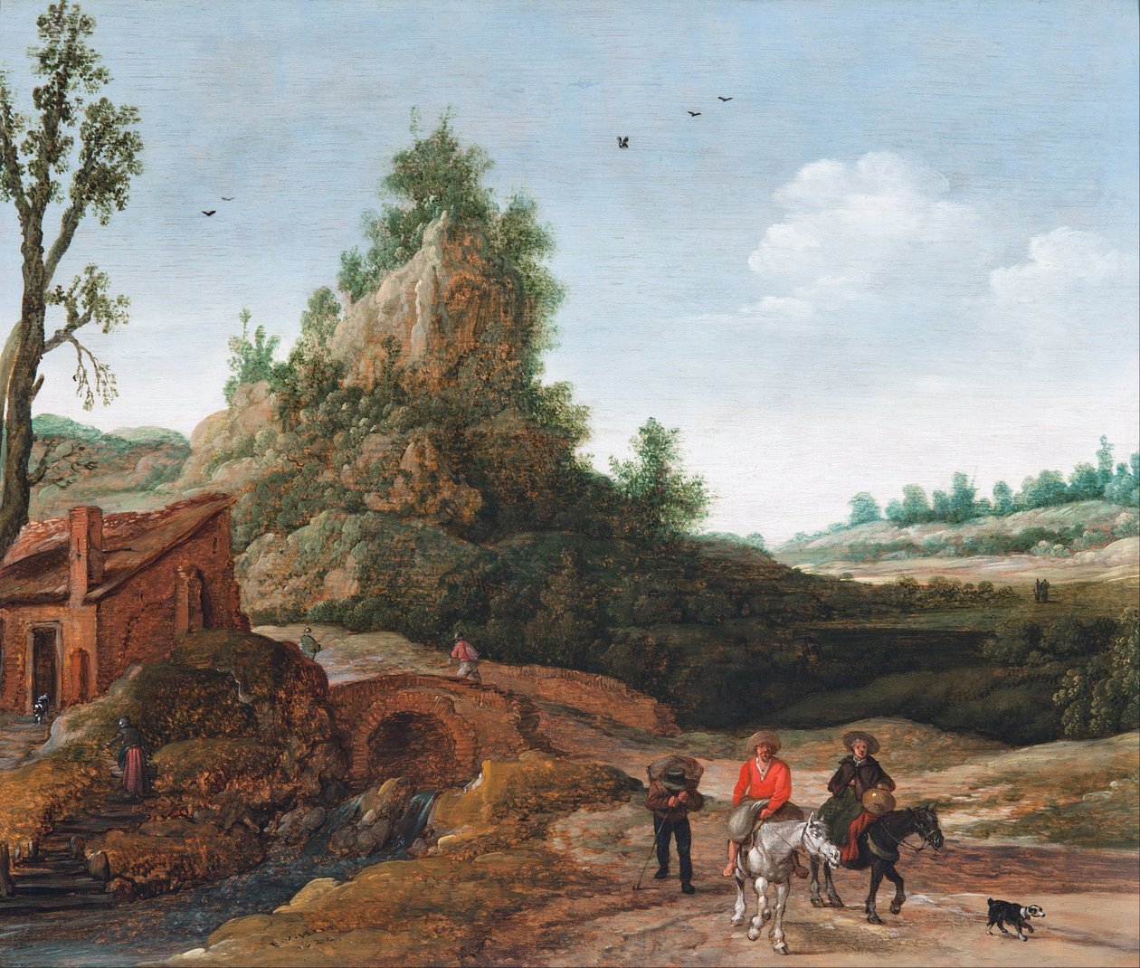 Landschaft mit Reisenden, die eine Brücke vor einer kleinen Behausung überqueren, Reiter im Vordergrund von Esaias van de Velde
