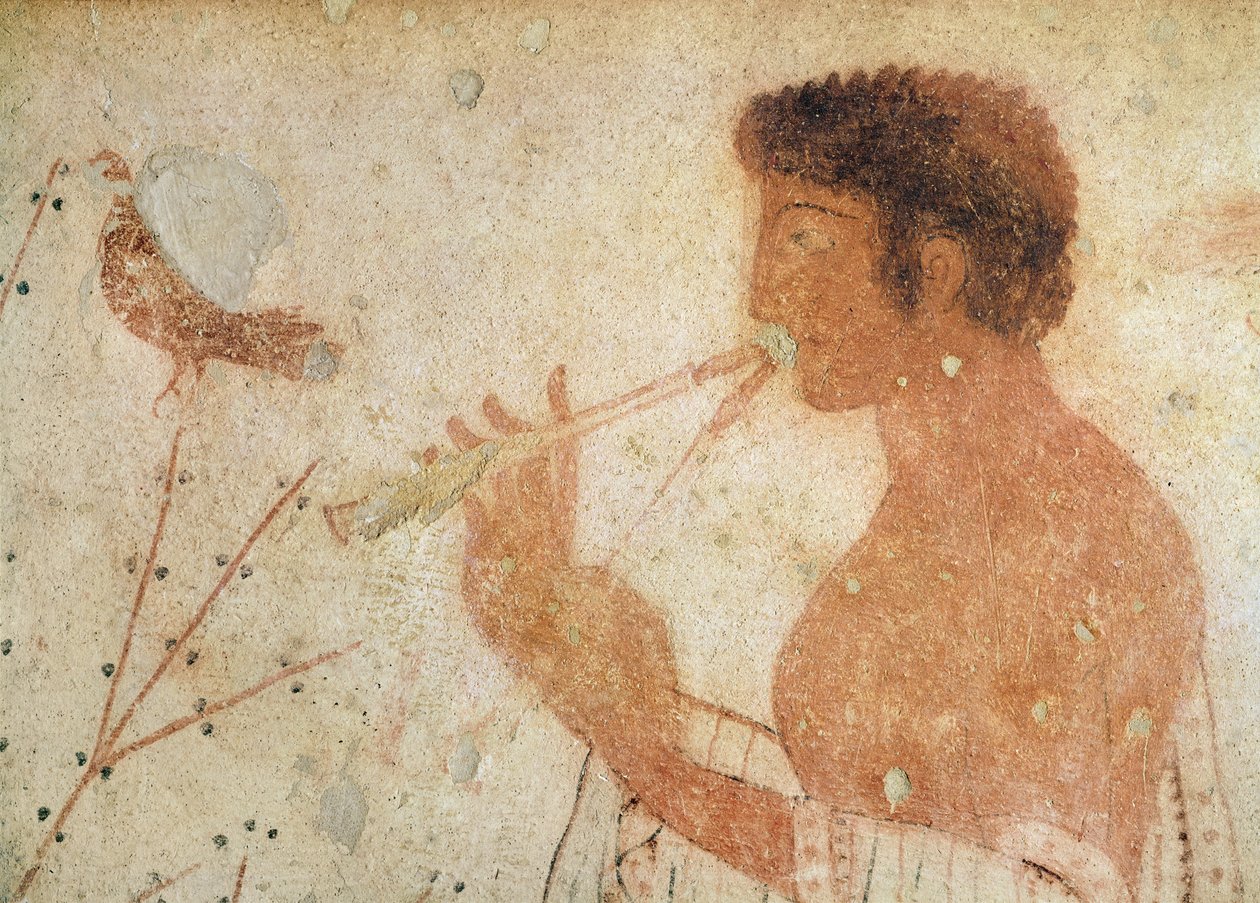 Detail eines Musikers, der eine Doppelflöte spielt, aus dem Grab des Trikliniums von Etruscan