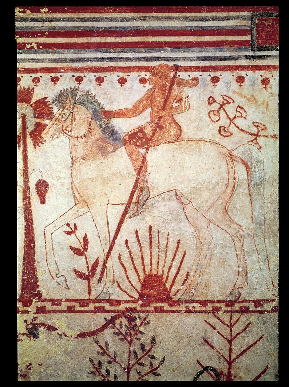 Der Hinterhalt des trojanischen Prinzen Troilus durch Achilles, aus dem Grab der Stiere (Tomba del Tori) um 540 v. Chr. (Wandmalerei) von Etruscan
