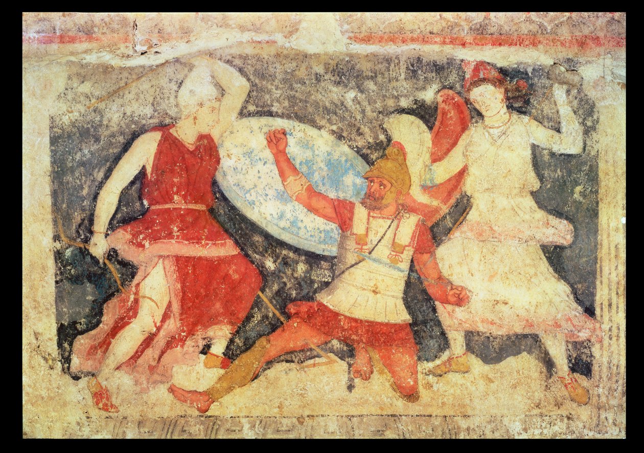 Zwei Amazonen im Kampf mit einem Griechen, aus Tarquinia, 370-360 v. Chr. von Etruscan
