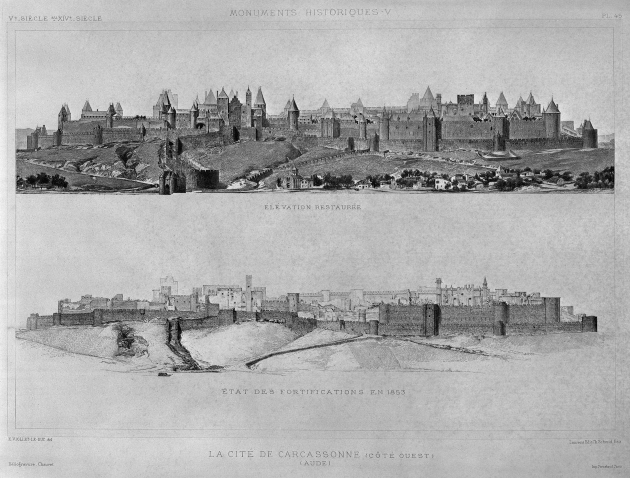 Ansicht von Carcassonne von der Westseite, Zustand der Befestigungen und der Stadt im Jahr 1853, Illustration aus 