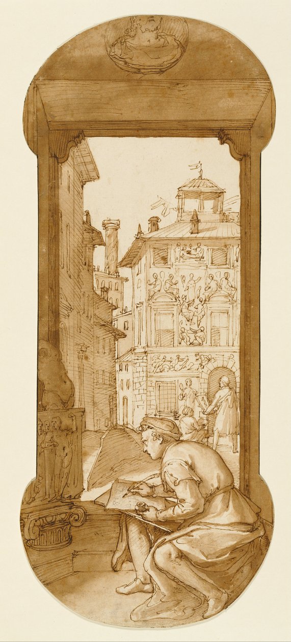Taddeo zeichnet nach der Antike; im Hintergrund kopiert er eine Fassade von Polidoro von Federico Zuccaro