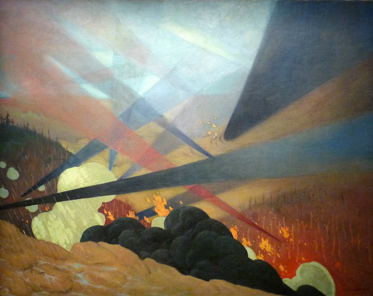 Verdun, Kriegsbild interpretiert, farbige Projektionen in Schwarz, Blau und Rot, verwüstete Gebiete, Gaswolken von Felix Edouard Vallotton