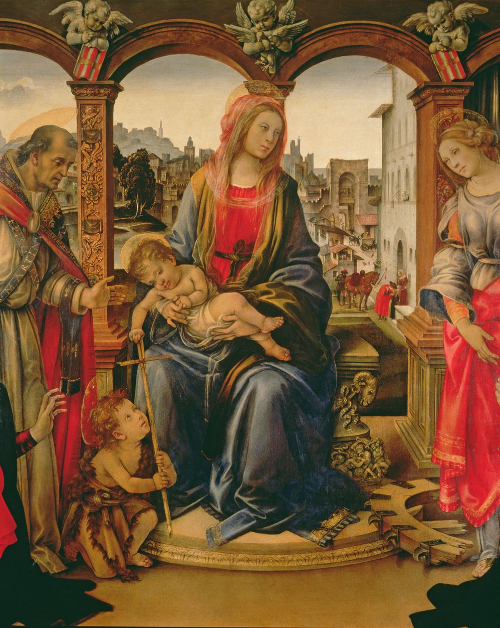Nerli Altarbild: Madonna und Kind mit dem jungen St. Johannes dem Täufer, St. Martin, St. Katharina und den Stiftern Tanai und Nanna dei Nerli (Detail) von Filippino Lippi