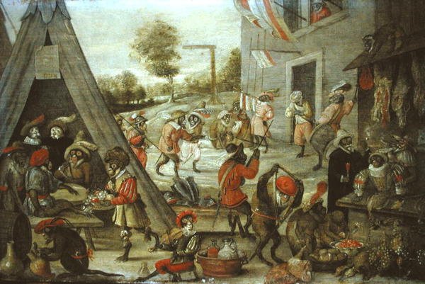 Affen- und Katzensoldaten in einem Lager, 1632 von Flemish School