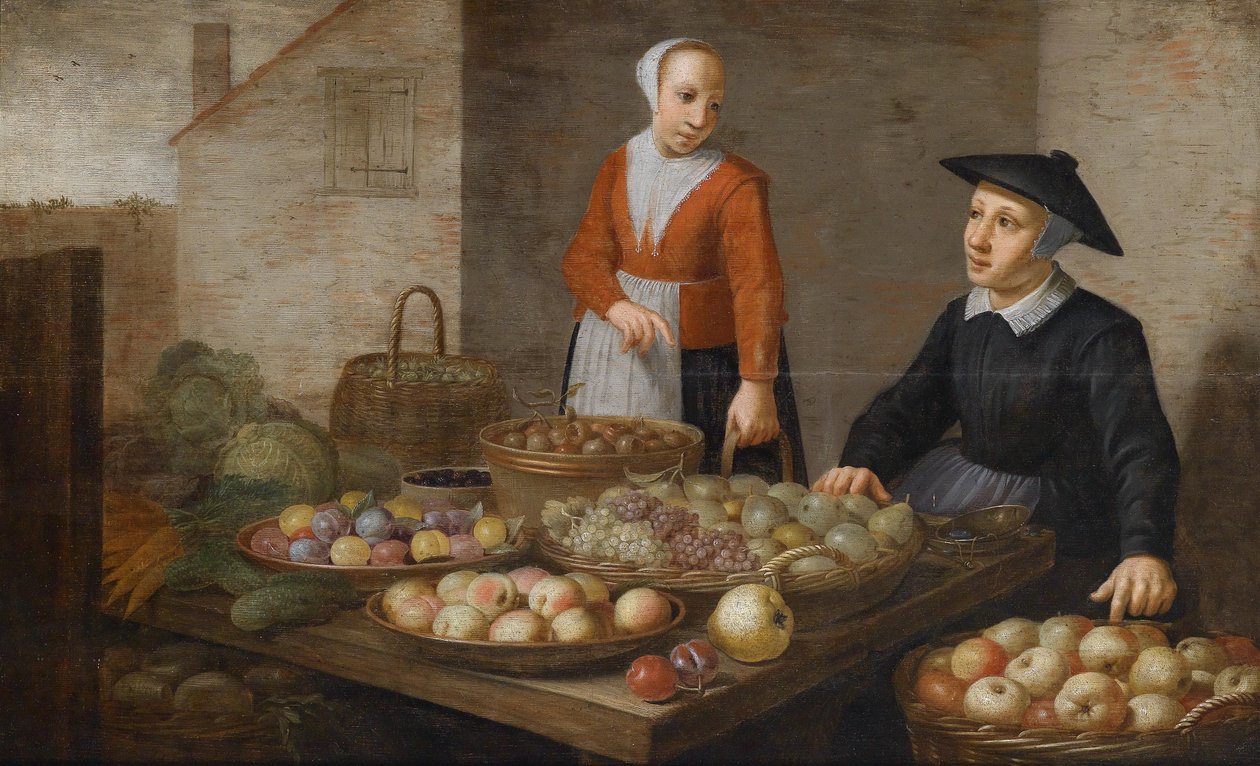 Marktszene mit zwei Obst- und Gemüseverkäuferinnen von Follower of Floris van Schooten