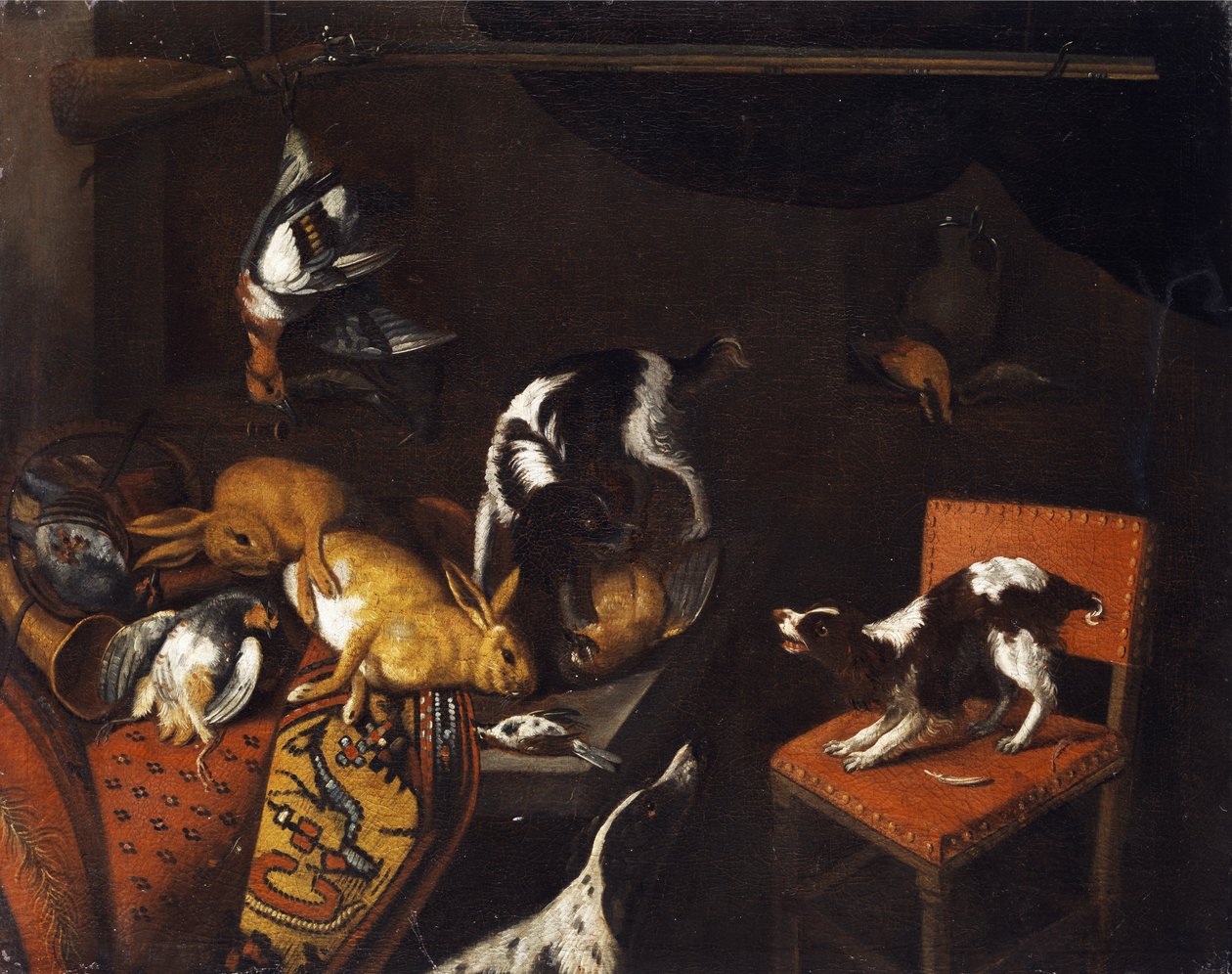 Stillleben mit toten Hasen und Vögeln, Sessel, Hunden, Jagdgewehr von Follower of Frans Snyders
