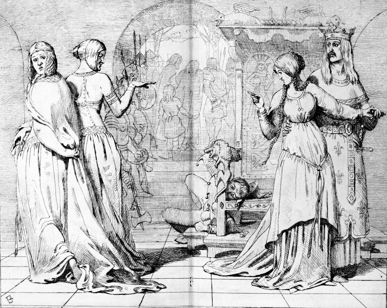 Cordelia wird von Goneril und Regan weggeführt, Illustration aus 