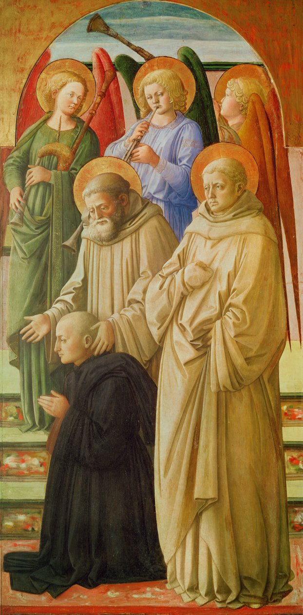 Triptychon, das die Krönung der Jungfrau darstellt (rechter Flügel: die Dominikanerheiligen, Engelmusiker und ein Benediktinermönch) von Fra Angelico